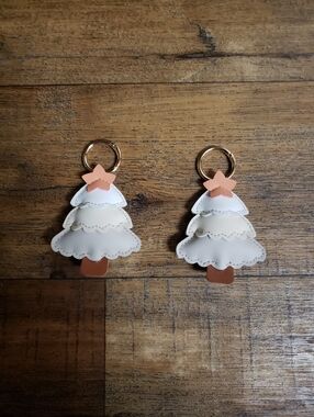 Pair of White & Tan Leather Christmas Tree Keychains